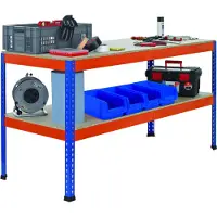 Schulte Werkbank mit Lagerebene | HxBxT 99x245x62cm | Fachlast Arbeitsebene 320kg | Blau/Orange