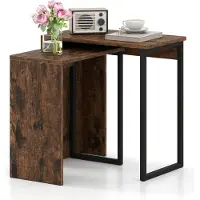 Costway 2er Set Nesting Couchtisch 2-in-1 Beistelltisch aus Kunstholz, 2 Stück Nachttische mit robustem Metallrahmen rechteckiges Snack-Tisch Braun