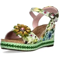 LAURA VITA Damen Sandalette Plateau Blumenmuster Keilabsatz Facyo 75, Größe:39 EU, Farbe:Grün