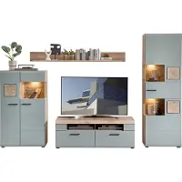 Lomadox Wohnwand FARO-36-REED Modern in Eiche mit Schilfgrün 5-teilig inkl. Beleuchtung