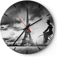 ARTTOR Wanduhr - Rund - Glasuhr - Paris Gentleman Fahrrad - 30x30cm - Schleichendes Uhrwerk - Lautlos - zum Aufhängen bereit - Dekoration Modern - Wanddekoration aus Glas - C3AR30x30-4204