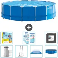Intex Rundrahmen-Schwimmbecken – 457 x 122 cm – Blau – inklusive Pumpe – Leiter – Bodenplane – Abdeckung Wartungspaket - Filter - Bodenfliesen