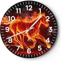 ARTTOR Wanduhr - Rund - Glasuhr - Pferd Illustration Flammen - 40x40cm - Schleichendes Uhrwerk - Lautlos - zum Aufhängen bereit - Dekoration Modern - Wanddekoration aus Glas - C4AR40x40-0203
