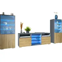 Vladon Wohnwand Granada, Anbauwand bestehend aus 2 Vitrinen und 1 TV-Board, Anthrazit matt/Eiche Natur inkl. LED-Beleuchtung (286 x 122,5 x 35 cm)