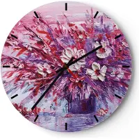 ARTTOR Wanduhr - Rund - Glasuhr - Pastos Blumen Rosa - 30x30cm - Schleichendes Uhrwerk - Lautlos - zum Aufhängen bereit - Dekoration Modern - Wanddekoration aus Glas - C3AR30x30-4530