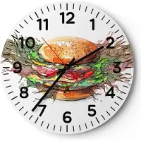 ARTTOR Wanduhr - Rund - Glasuhr - Illustration nahrung hamburger brötchen - 30x30cm - Schleichendes Uhrwerk - Lautlos - zum Aufhängen bereit - Dekoration Modern - Wanddekoration aus Glas - C4AR30x30-2981