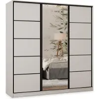 Masseno Schiebetürenschrank PINA 180/205/58 cm Kleiderschrank mit 4 Schubladen Schlafzimmer Schrank 3-türig mit Spiegel Weiß