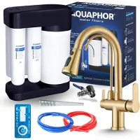 ARI 3-Wege Küchenarmatur Nordic mit Umkehrosmose Morion 102S RO, separater Auslauf für gefiltertes Wasser, herausziehbare Brause, drehbarer Auslauf, Gold
