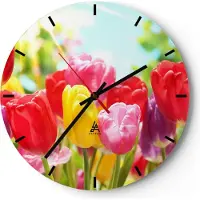 ARTTOR Wanduhr - Rund - Glasuhr - Tulpe Blume Garten Plantage - 40x40cm - Schleichendes Uhrwerk - Lautlos - zum Aufhängen bereit - Dekoration Modern - Wanddekoration aus Glas - C3AR40x40-2466