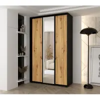 MINIO go for it , Kleiderschrank VADO, 160x235,2x45 cm,3 Schiebetüren (1 Spiegel), 10 Einlegeböden, 2 ausziehbare Metallstangen, Schwarz/ Artisan Eiche