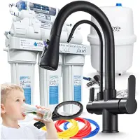 ARI Wasserfilter Set RO7 mit 3-Wege Küchenarmatur Nordic, 7-stufige Umkehrosmose, Schwarz Matt, Filteranschluss