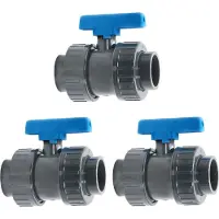 Haf 3x PVC 2 Wege Kugelhahn Blauer Griff mit 63mm | Klebemuffe x Klebemuffe | Absperrhahn aus grauem PVC-U | PN16 für PVC Verrohrung, Pool & Teich