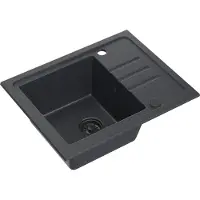 VBChome Spülbecken Granit Schwarz mit Armatur 55 x 44 cm Einzelbecken Einbauspüle Gesprenkelt Reversibel Granitspüle Schwarz Siphon Waschbecken