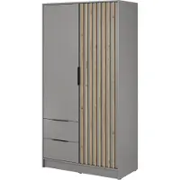 Bettso Eleganter Zweitüriger Kleiderschrank mit 2 Schubladen für Schlafzimmer Nelly 2D Ohne Spiegel und Eiche Artisan Lamellen Fronten / Grau