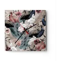 ARTTOR Wanduhr - Quadrat - Glasuhr - Pfauen Squab Flamingos - 30x30cm - Schleichendes Uhrwerk - Lautlos - zum Aufhängen bereit - Dekoration Modern - Wanddekoration aus Glas - C3AC30x30-4890