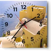 ARTTOR Wanduhr - Quadrat - Glasuhr - Haus wohnung gebäude griechenland - 30x30cm - Schleichendes Uhrwerk - Lautlos - zum Aufhängen bereit - Dekoration Modern - Wanddekoration aus Glas - C4AC30x30-1056