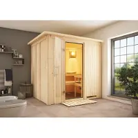 Karibu Sauna Innensauna Daria Fronteinstieg Ofen 3,6 kW externe Strg.easy 210x184x202 cm mit Dachkranz mit Klarglastür
