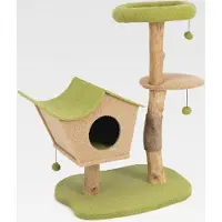Markenlos 110 cm Kratzbaum Holz, Katzenbaum mit Sitzfläche & Katzenhaus & Ball, Katzenturm mit Kratzpfosten aus Jute, Katzenmöbel Massivholz, Katzenkratzbaum Kletterbaum Katzen, Grün
