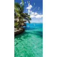 Wallario Design Wanduhr Karibisches Meer Einsame Hütte unter Palmen aus Echtglas, Größe 30 x 60 cm
