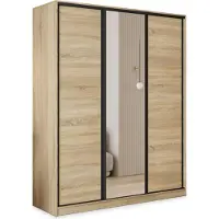 Masseno Schiebetürenschrank TARI 150/205/58 cm Kleiderschrank mit 4 Schubladen Schlafzimmer Schrank 3-türig mit Spiegel Sonoma Eiche
