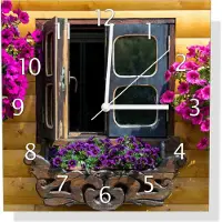 Wallario Design Wanduhr Fenster mit Blütenpracht aus Echtglas, Größe 30 x 30 cm