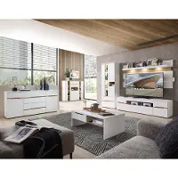 Lomadox Wohnzimmer Set mit Couchtisch und LED-Beleuchtung, weiß supermatt mit Eiche, 6-teilig - MANRESA-36
