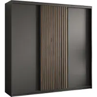 Masseno Schiebetürenschrank VONTE 200/205/60 cm Kleiderschrank mit Lamellen und Schubladen Schlafzimmer Schrank 3-türig Schwarz + Eiche Wotan