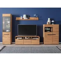 Lomadox Wohnwand in Eiche teilmassiv mit Vitrine, Highboard, Lowboard & LED-Beleuchtung, 4-teilig - AVESTA-06