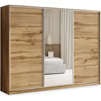 Masseno Schiebetürenschrank TARI 235/205/58 cm Kleiderschrank mit 4 Schubladen Schlafzimmer Schrank 3-türig mit Spiegel Eiche Wotan