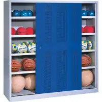 C+P Ballschrank mit Lochblech-Schiebetüren (Typ 4), HxBxT 195x190x60 cm, Enzianblau (RAL 5010), Lichtgrau (RAL 7035), Einzelschließung