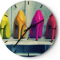 ARTTOR Wanduhr - Rund - Glasuhr - Schuhe farbig klassisch Mode - 30x30cm - Schleichendes Uhrwerk - Lautlos - zum Aufhängen bereit - Dekoration Modern - Wanddekoration aus Glas - C3AR30x30-2517