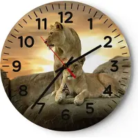 ARTTOR Wanduhr - Rund - Glasuhr - Löwen Sonnenuntergang Felsen Krallen - 30x30cm - Schleichendes Uhrwerk - Lautlos - zum Aufhängen bereit - Dekoration Modern - Wanddekoration aus Glas - C4AR30x30-2958
