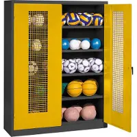 C+P Ballschrank mit Lochblech-Flügeltüren (Typ 3), HxBxT 195x150x50 cm, Ergo-Lock Muldengriff, Verkehrsgelb (RAL 1023), Anthrazit (RAL 7021), Einzelschließung