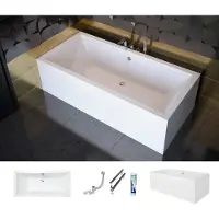 ECOLAM Badewanne Wanne Rechteck Quadro Design Acryl weiß 170x75 cm + Schürze Ablaufgarnitur Ab- und Überlauf Automatik Füße Silikon Komplett-Set