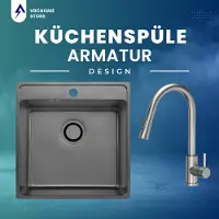 VBChome Edelstahlspüle mit Armatur 49x48x21 cm Graphit Leinenstruktur Einbauspüle mit Hahnloch Spüle Groß Becken Siphon Armatur ausziehbarem Auslauf