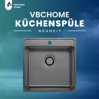 VBChome Edelstahl Einbauspüle 49x48x21 cm – Graphit Leinenstruktur, Großes Becken mit Hahnloch, Küchenspüle inkl. Siphon, robuste Edelstahlspüle