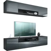 Vladon Wohnwand Mogan, Schwarz matt/Grau Hochglanz - Moderne Anbauwand bestehend aus 2 TV-Boards (181 x 147 x 35 cm)
