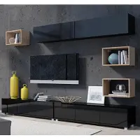 Lomadox Wohnwand in schwarz Hochglanz mit Artisan Eiche Nb. CAIRNS-132, B/H/T ca. 300/200/43 cm