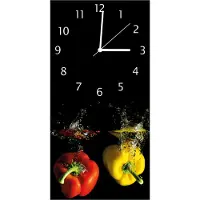 Wallario Design Wanduhr Bunte Küche Paprika in rot gelb orange und grün im Wasser aus Echtglas, Größe 30 x 60 cm