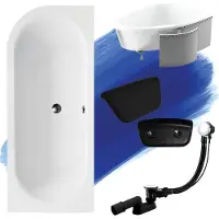 Besco Badewanne Eckwanne Set 5in1 160x75 Rechts + Premium Ablaufgarnitur und Füßen GRATIS + Verkleidung (Styropor) + Kopfstütze Schwarz | BADLAND AVITA