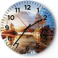 ARTTOR Wanduhr - Rund - Glasuhr - Morgendämmerung Berge See - 40x40cm - Schleichendes Uhrwerk - Lautlos - zum Aufhängen bereit - Dekoration Modern - Wanddekoration aus Glas - C4AR40x40-4617