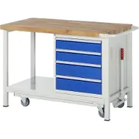 RAU Mobile absenkbare Werkbank, Ablageboden, 4 Schubladen - Vollauszug - 120:2 / 150:2 - 880 x 1.250 x 700 mm (HxBxT) - Traglast 1.250 kg - Buche