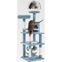 Markenlos Meer Katzenbaum 155 cm Kratzbaum Katzenkratzbaum, Ozean Design mit Katzenhöhle in Haifischmaulform Katzenbett Hängekorb Plattform, Stabiler Kletterbaum für Katzen, Blau-Weiß