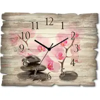ARTland Holz Wanduhr Quarzuhr - schwarzer Zeiger Schwarze Steine und pinke Orchidee Größe: 40x30 cm