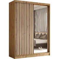 Masseno Schiebetürenschrank LAMELLO 160 cm Kleiderschrank Schlafzimmer Schrank 2-türig mit Spiegel und Lamellen Eiche Artisan