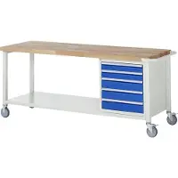 RAU Mobile Werkbank mit Ablageboden - 5 Schubladen - Vollauszug - 90:2 / 120:3 - 880 x 2.000 x 700 mm (HxBxT) - Traglast 450 kg - Buche