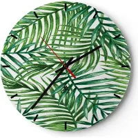 ARTTOR Wanduhr - Rund - Glasuhr - Palme Blatt grün - 30x30cm - Schleichendes Uhrwerk - Lautlos - zum Aufhängen bereit - Dekoration Modern - Wanddekoration aus Glas - C3AR30x30-3777