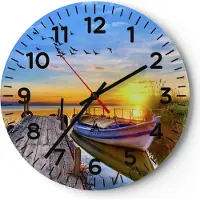 ARTTOR Wanduhr - Rund - Glasuhr - See Boot Wasser - 30x30cm - Schleichendes Uhrwerk - Lautlos - zum Aufhängen bereit - Dekoration Modern - Wanddekoration aus Glas - C4AR30x30-3983