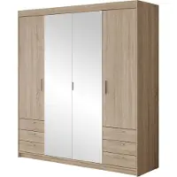 Mirjan 24 Kleiderschrank Elena 4D6S mit Frontspiegel, Drehtürenschrank, Garderobe mit vier Drehtüren und sechs Suchbladen, Kleiderstange (Farbe: Sonoma Eiche)
