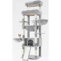 Markenlos Kratzbaum, 182 cm hoch Katzenbaum für Großkatze, mehrstöckiger Katzenkratzbaum mit 2 Grosse liegefläche, 3 Hängematten, Höhle, 2-in-1-Sisalkratzbrett, Plüschbällen, Hellgrau